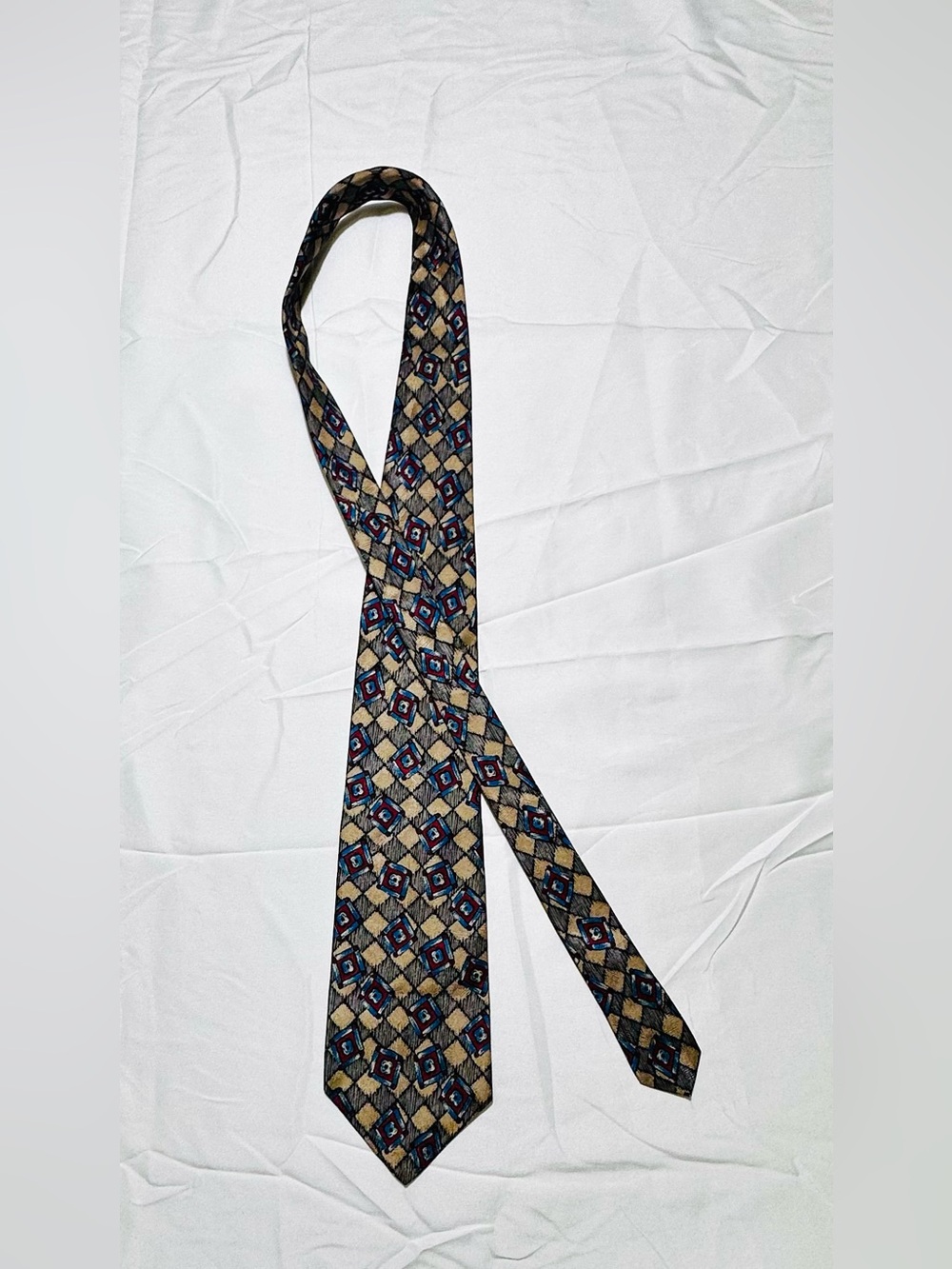 Club Room Beige Geometric Silk Tie with Blue and Brown Accents
